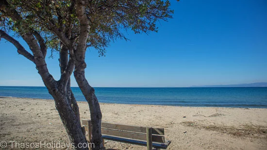 Beach right next to Skala Prinos with sitting place under shade overlooking at the Aegean