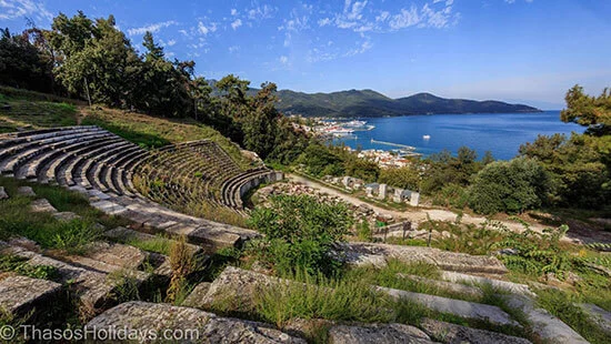 Ancient Theater in Thassos with view over Limenas on the background
